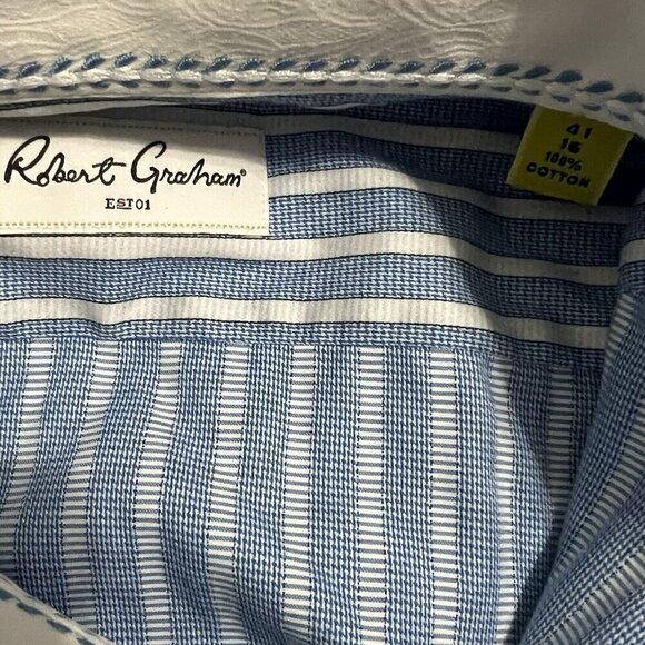Robert Graham Long Sleeve Striped Shirt 15/41 Blue White Button Front - Picture 4 of 6